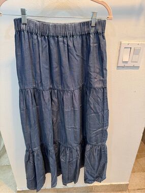 Elastic-Waist Jean Tiered Maxi Skirt